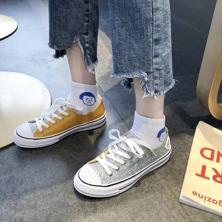 Женские Модные холщовые шнурки на шнуровке; Zapatillas; прогулочные женские туфли на плоской подошве; повседневные туфли с блестками; C125