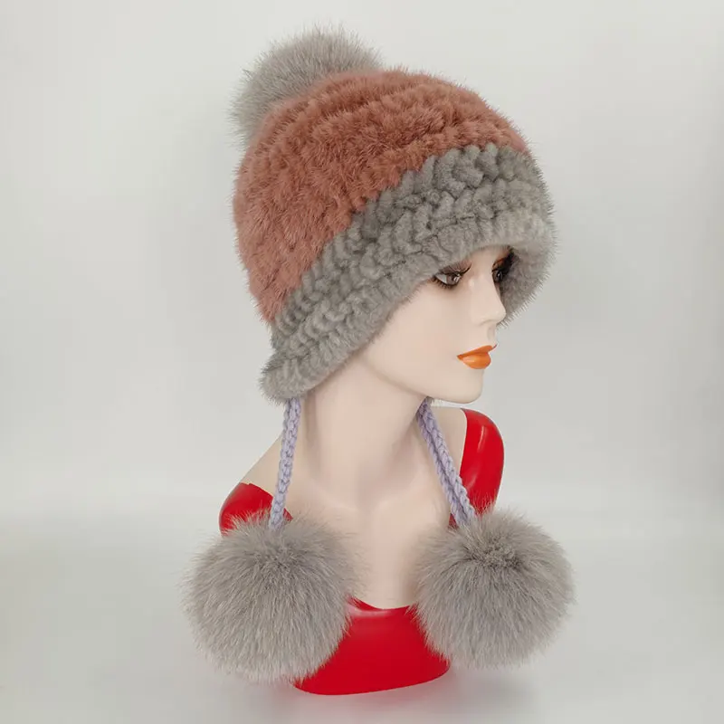 New Style Ladies Mink Fur Knit Hat With Fox Fur Ball Winter Earmuffs Protective Cap Russian Fox Fur Aviator Hat Free Shipping