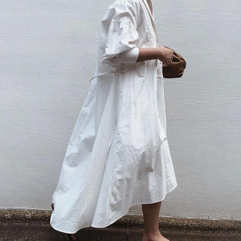 

Spring and Summer 2021 New White Solid V-neck Loose All Match A Line Woman Dress