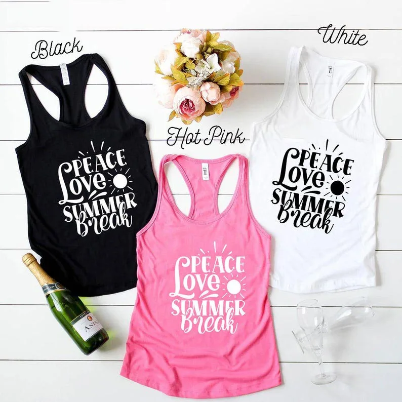 

Skuggnas Peace Love Summer Break Funny Graphic Tank Top Peace Love Summer Shirt Best Gift For Summer Unisex Cotton Tops