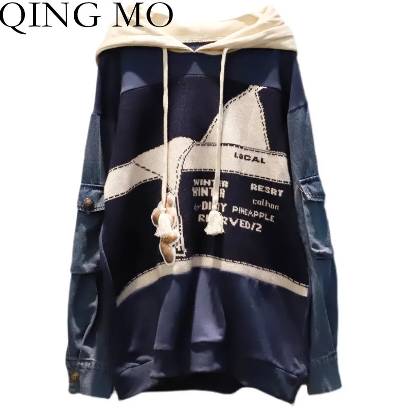 

QING MO Letter Pattern Stitching Knitted Denim Sleeve Sweatshirt Women 2021 New Autumn Loose Hooded Female Sweatshirt ZWL1214