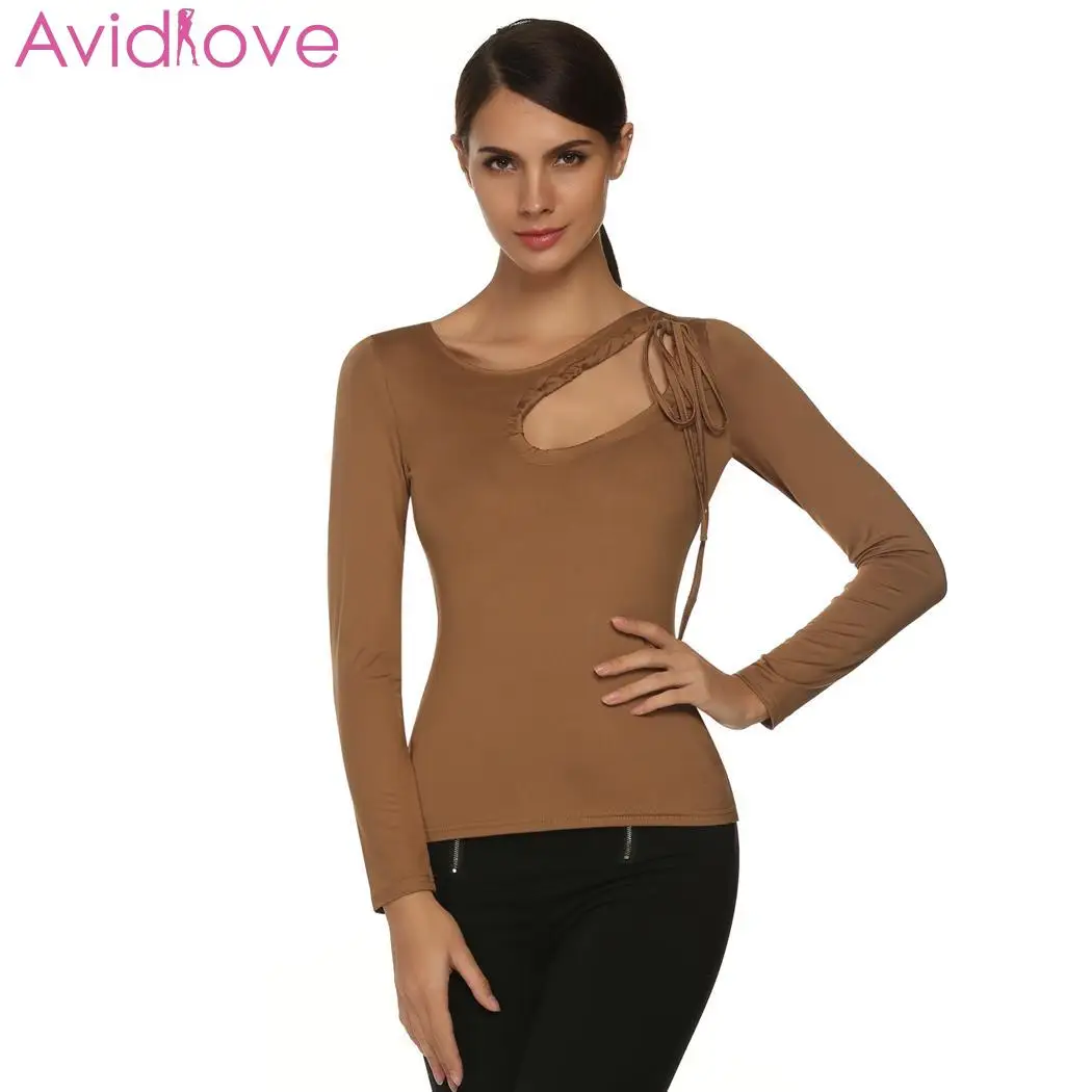 Стильный женский топ из спандекса с круглым вырезом и длинными рукавами черного