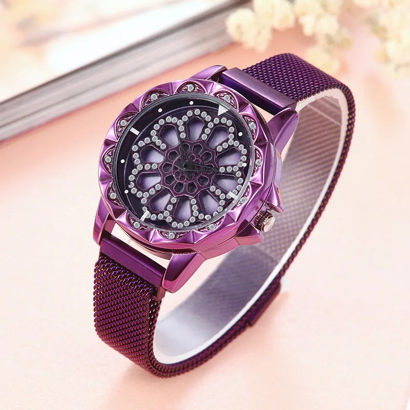 Часы наручные Lucky женские кварцевые с вращающимся цветком роскошные браслетом из