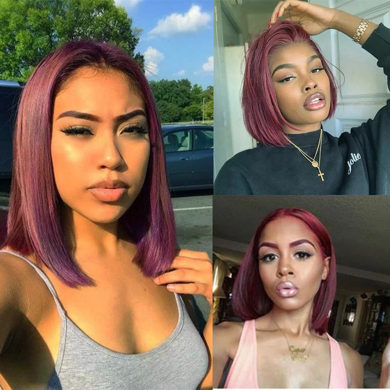 

Brazilian Straight Short Bob Lace Wigs 13X1 Lace Part Human Hair Wigs Pre-Plucked Burgundy 99J Short Bob Wig Hd Transparent 150%