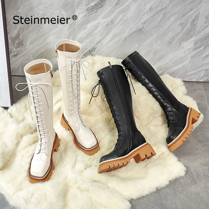 

INS ZA Women Knee High Boots Full Cow Leather Warm Boots Thick High Heels Motorcycle Boots Punk Shoes Woman High Boots 2022