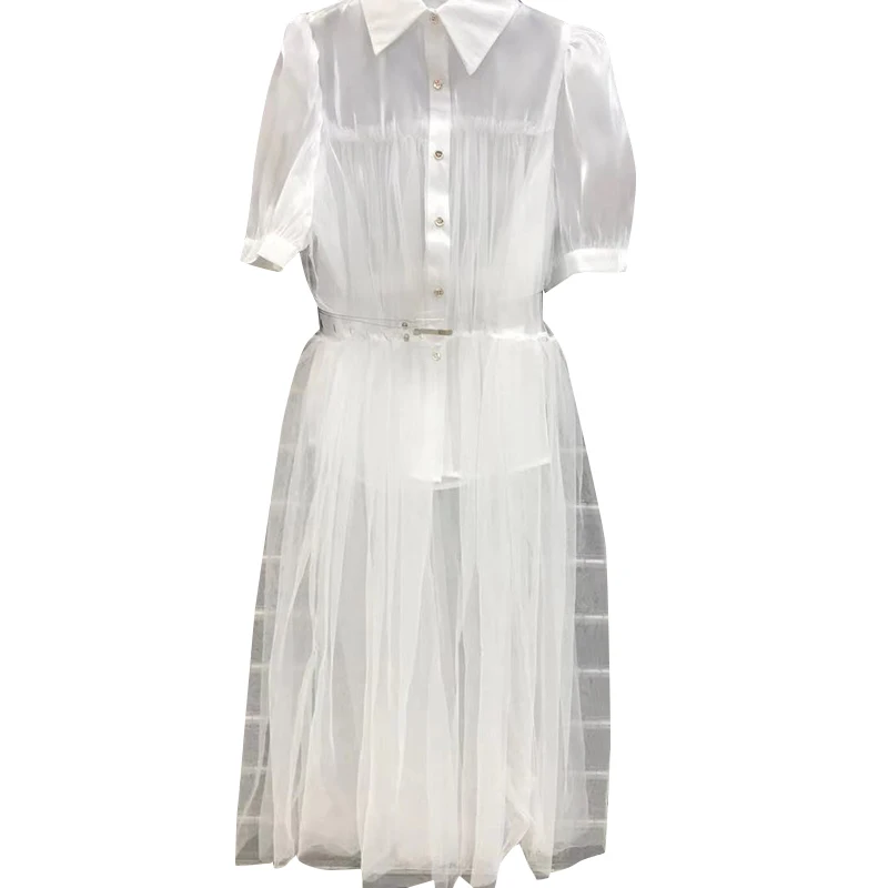 

CHICEVER Patchwork Mesh Shirt For Women Lapel Collar Short Sleeve Loose Minimalist Mid Clouses Female Summer Clothing 2021 Style