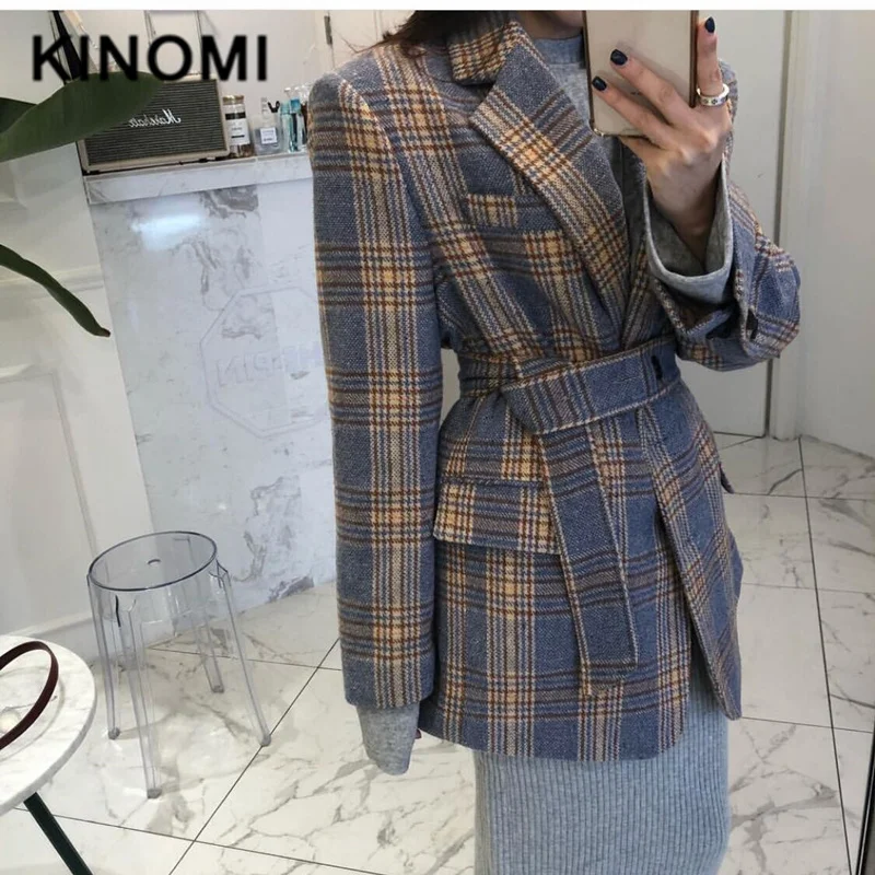 KINOMI осень зима 2019 Новый Винтажный клетчатый шерстяной Женский блейзер с длинным