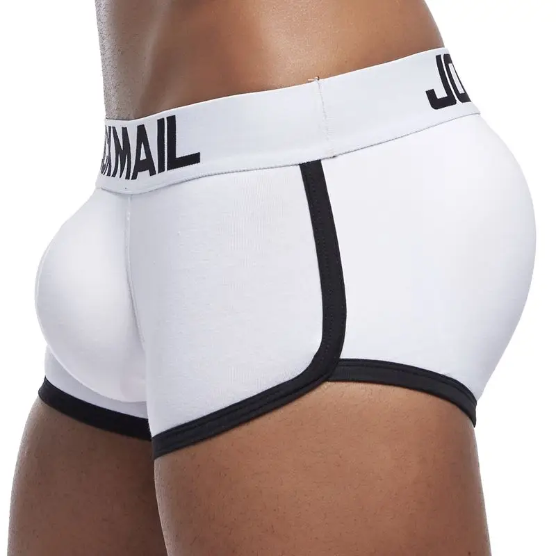 Белый JOCKMAIL, фирменное Мужское нижнее белье, боксеры, плавки с сексуальным мешочком для пениса, усиление выпуклости спереди+ сзади, Двойная съемная чашка пуш-ап - Цвет: Белый