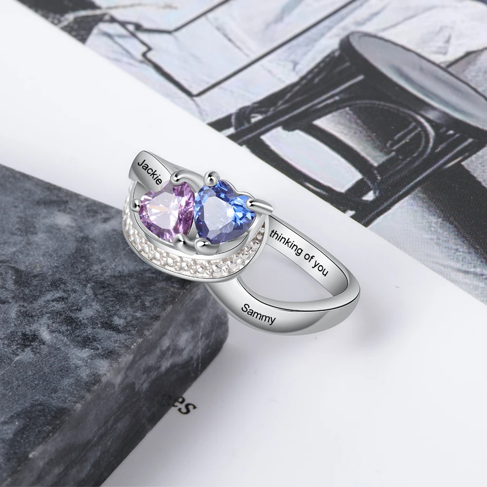 

JewelOra Customized Engraved 2 Names Ring with Birthstone Personalized Silver Color Copper Wedding Promise Rings for Women