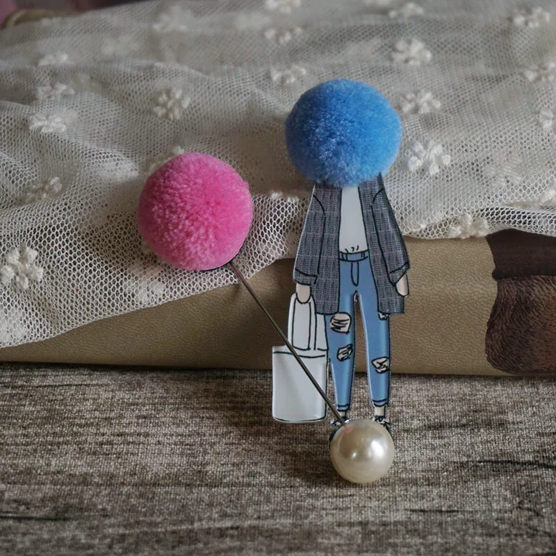 2 предмета Длинный большая брошь модели девушка значки Kawaii помпоном шерстяная