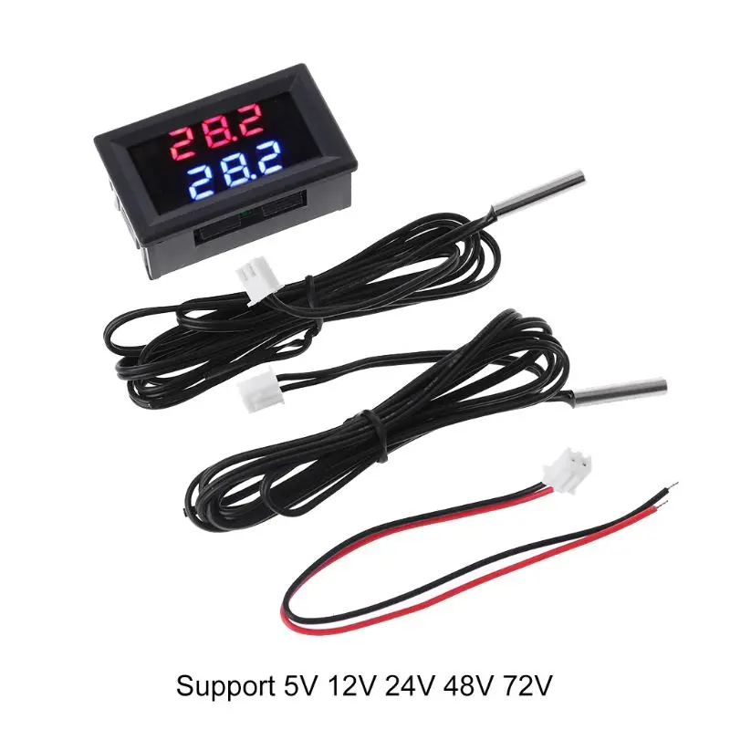 

41QF Dual Display DC 5V-80V Thermometer w 2 NTC Waterproof Temperature Sensor 12V 24V 72V Car Motorcycle