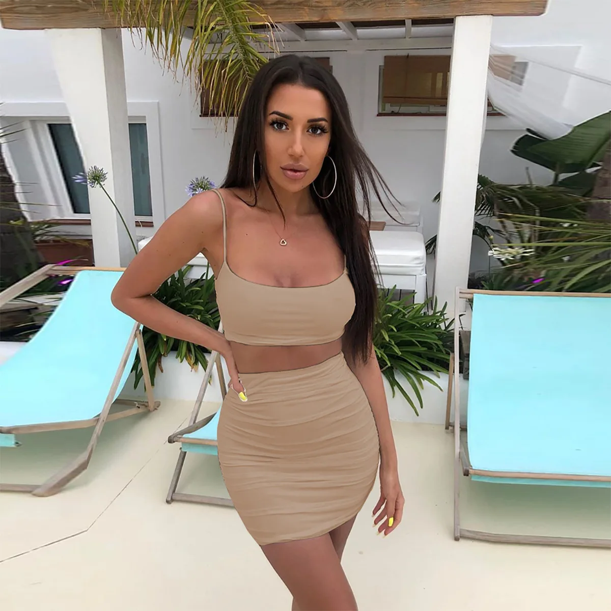 

2021 Summer Sexy Suspender Small Waistcoat Pleated Buttock Skirt Two Piece Set Dress Women Beach Style Casual