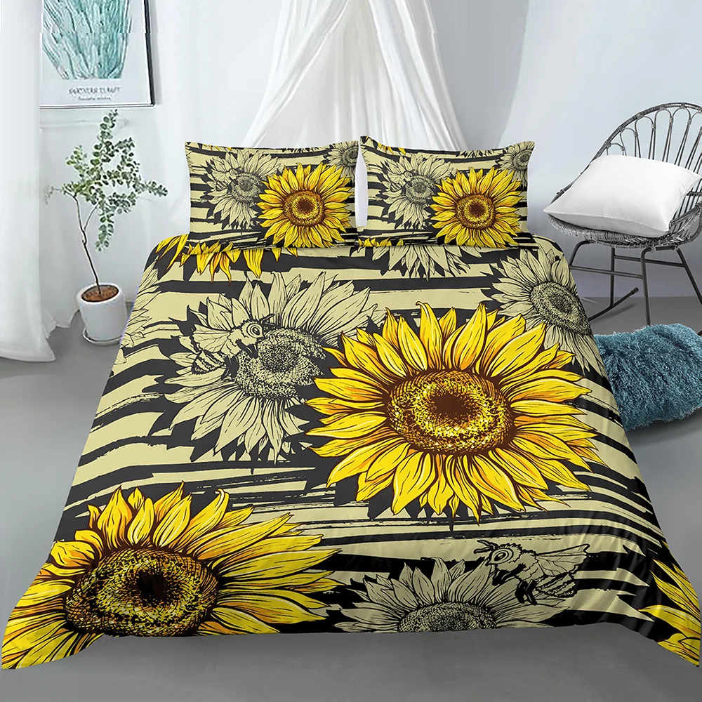

3D Sunflower Bedding Duvet Cover Set Black Stripes Yellow Sunflowers Design Boys Girls Bedding Sets Duvet Cover Pillowcases