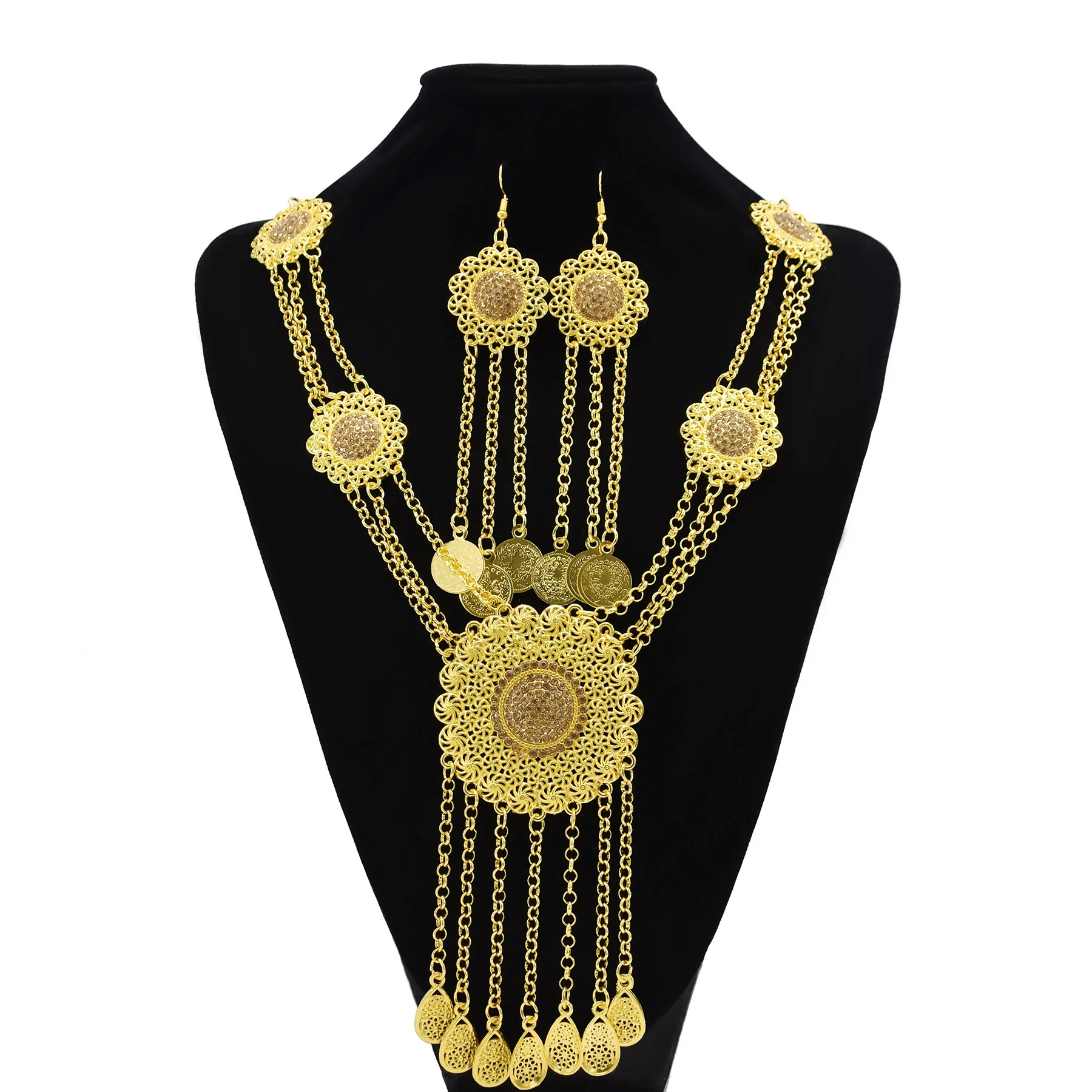 

Indian Egypt Gold Metal Flower Coin Tassel Necklaces & Earrings Sets for Women Crystal Bridal Arab Thailand Party Jewelry Sets