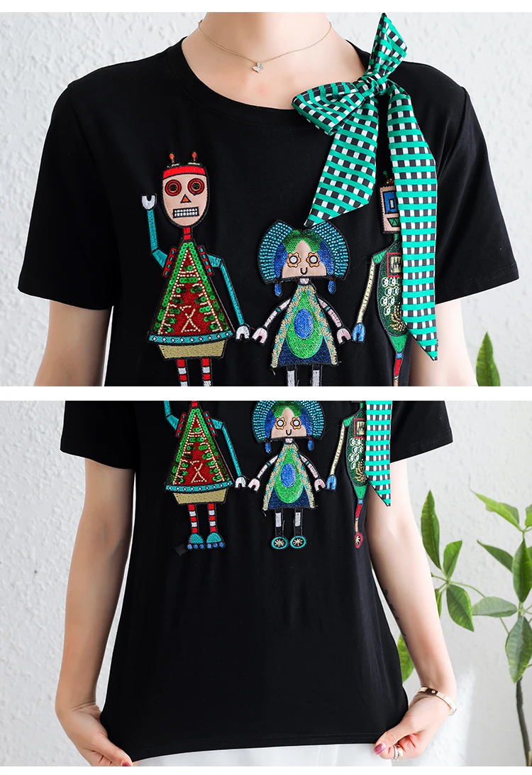 

Embroidered Sequins Cartoon Lace Bowknot Pure Cotton Summer 2021 Clothes For Women Short Sleeve T-Shirt Tops Blouses Vetement