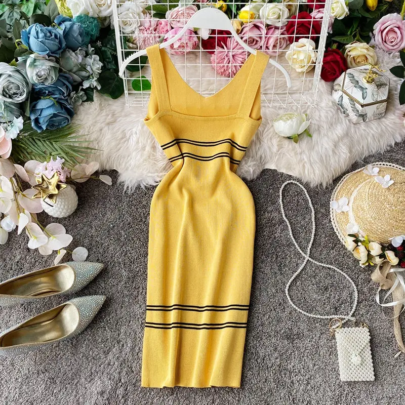 Женское трикотажное платье на бретельках LUOSHA обтягивающее свитер с v образным