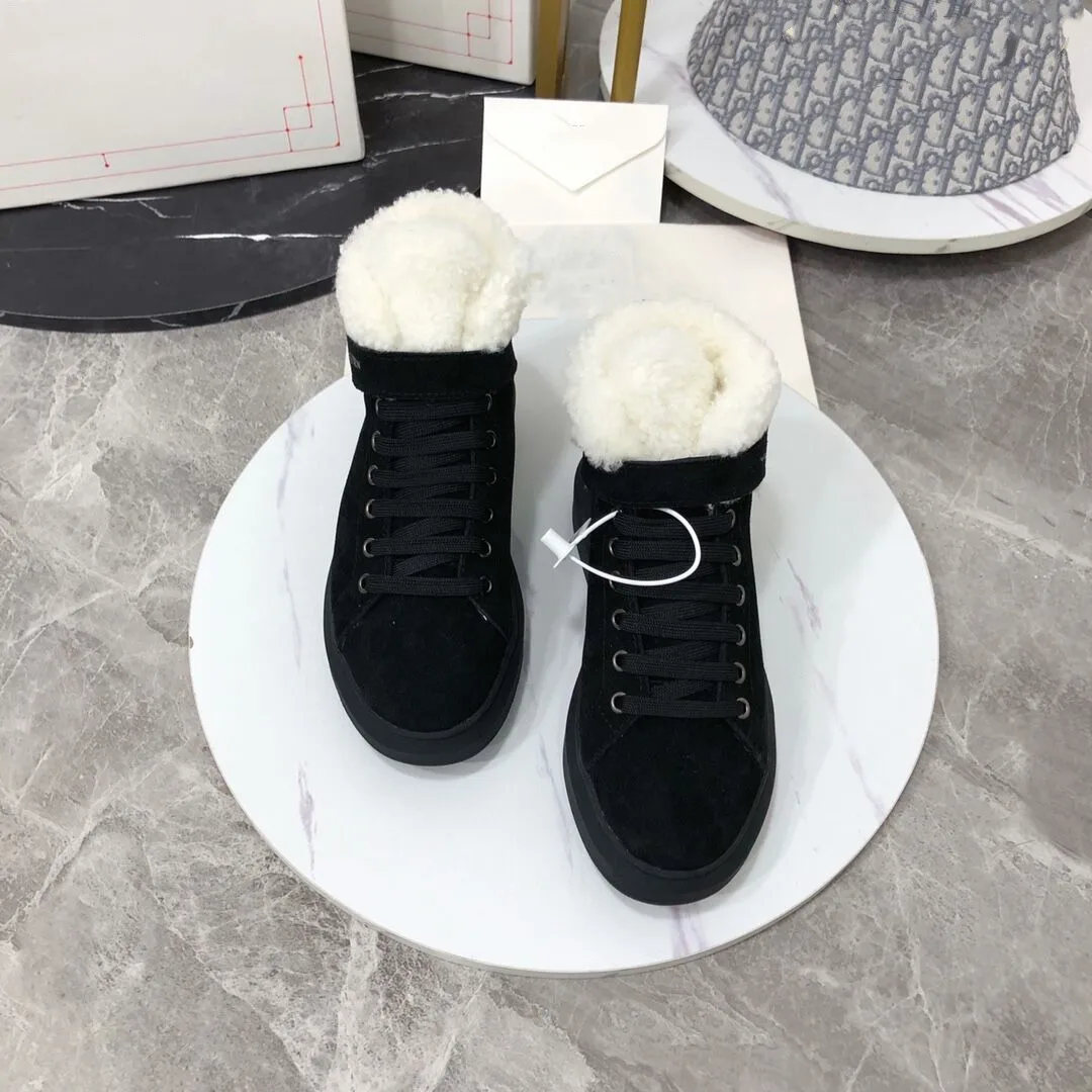 

2021 New Wool High Top Woman Snow Boots Thick-soled Height Increase Plus Velvet Cow Suede Casual Warm Sports Shoes