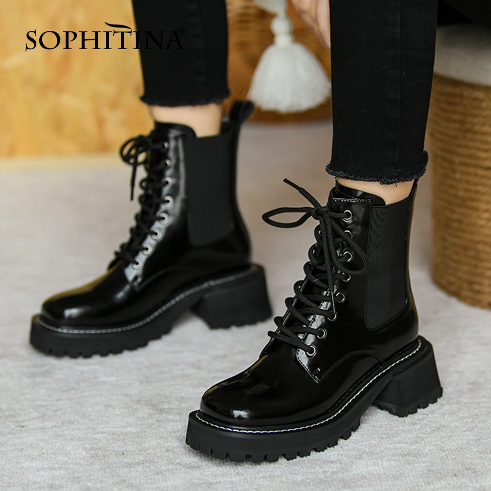 

Женские ботильоны SOPHITINA, повседневные универсальные полусапожки на квадратном каблуке, на шнуровке, Уличная обувь на среднем каблуке, HO875
