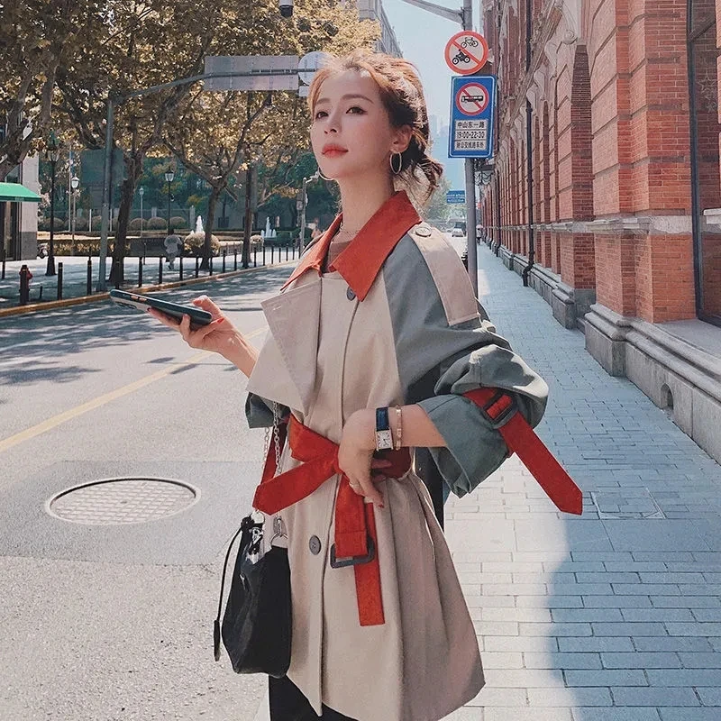 

Windbreaker women's mid-length British style jacket 2021 women's spring and autumn new splicing contrast Korean loose coat jacke