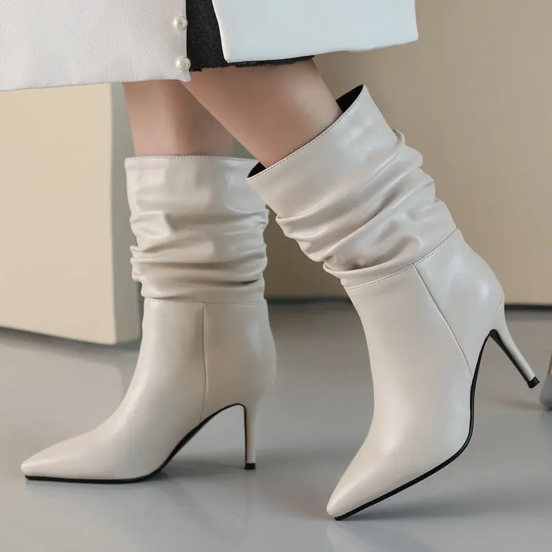 

2021 New Pleated PU Leather Women Boots Winter Warm Ankle Boots Fashion Pointed Toe Thin High Heels Autumn Women Modern Boots
