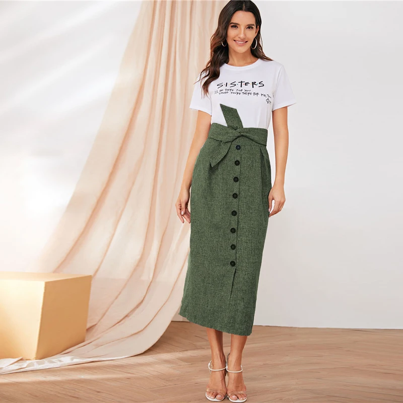 SHEIN пуговица Передняя плиссированная деталь поясом юбки женские лето осень высокая талия Прямые Твердые офисные женские элегантные длинные юбки