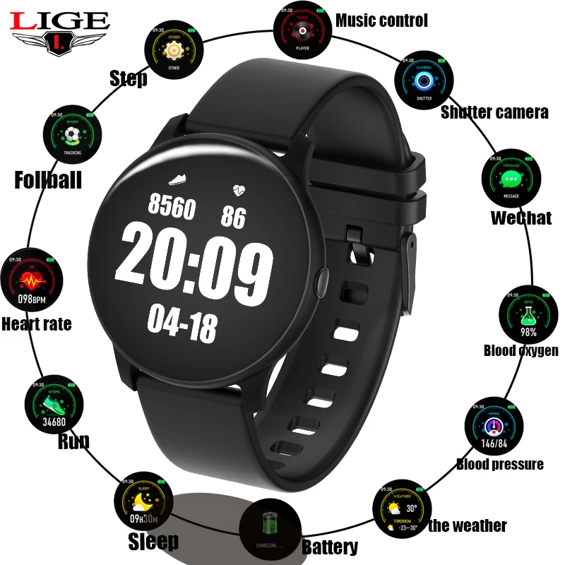 

LIGE New Waterproof Smart Watch Men Heart rate blood pressure monitor Bluetooth watch Sport Smart Bracelet Women Fitness Tracker