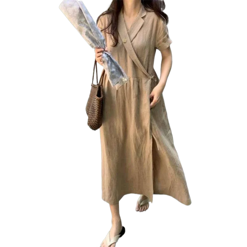 

Cotton And Linen Short Dresses Plus Size Loose Notched Button Ankle Length Office Lady Women Dress