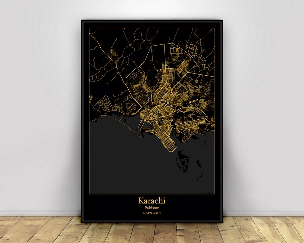 Karachi Пакистан чёрные и золотые города легкие карты обычные настенные постеры