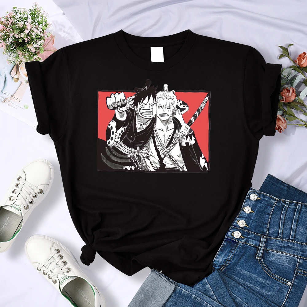 

Luffy X Zoro Print Woman T-shirt Summer High Quality Top Oversized Cotton Retro Tshirts Cartoon Breathable T-shirts For Woman