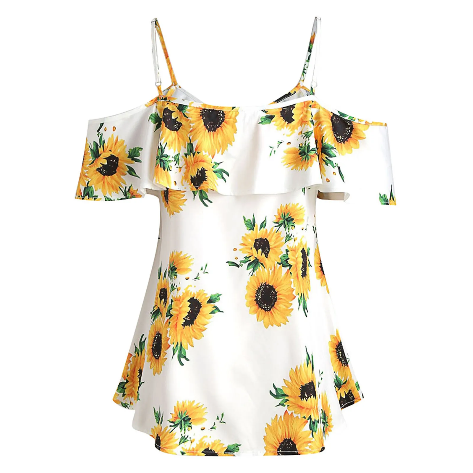 

Women Loose Sunflower Printed Camis Short Sleeve Ruffles Cold Shouder Blouse bloezen vrouwen blusas ropa de verano mujer 2021