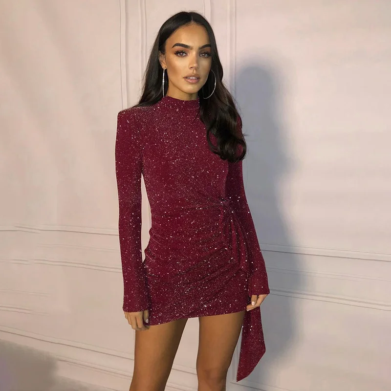 

Women Red Long Sleeve Bag-hip Evening Dress Half High Collar Tassel Pleated Dress Sexy Waist Thin Sheath Party Dress Streetwear