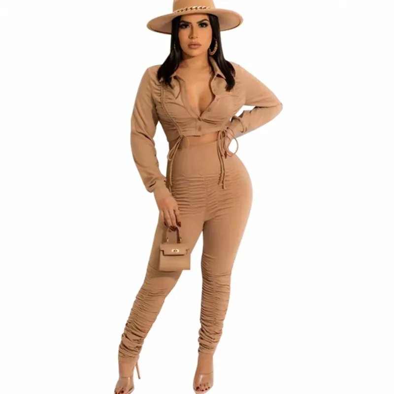 

Ropa Mujer, комплект из 2 предметов, женский укороченный топ на завязках, осенняя одежда, Новые однотонные драпированные модные уличные штаны с в...