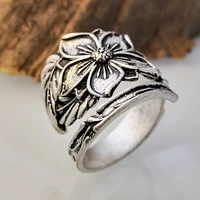 fashion men and women party jewelry creative simple flower leaf vintage ring exaggerated 925 thai silver opening adjustable ring