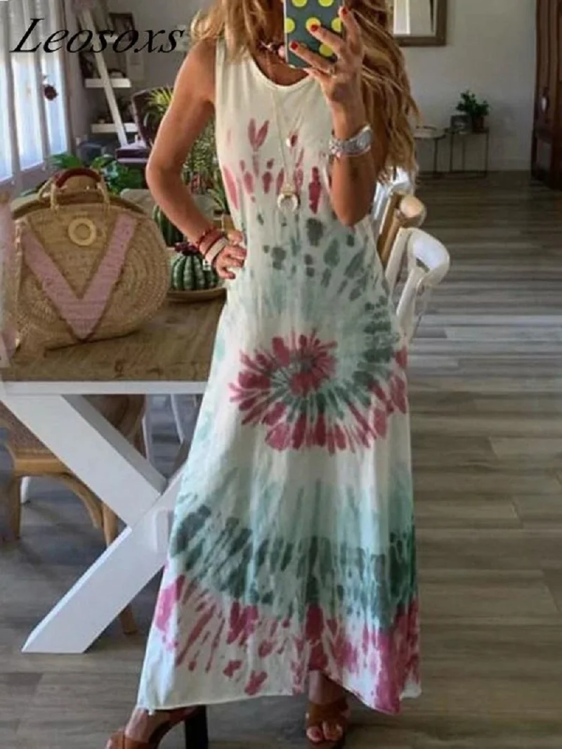 

2021Fashion Women Dress Printed Long Dresses vest tie-dye casual women's dress Loose Sundress Party Dresses платье