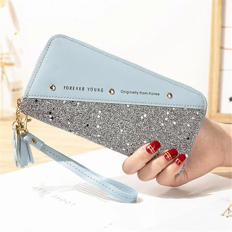 patchwork diamonds pu leather forever young wallet fashionable large capacity zippered ladies purse free global shipping