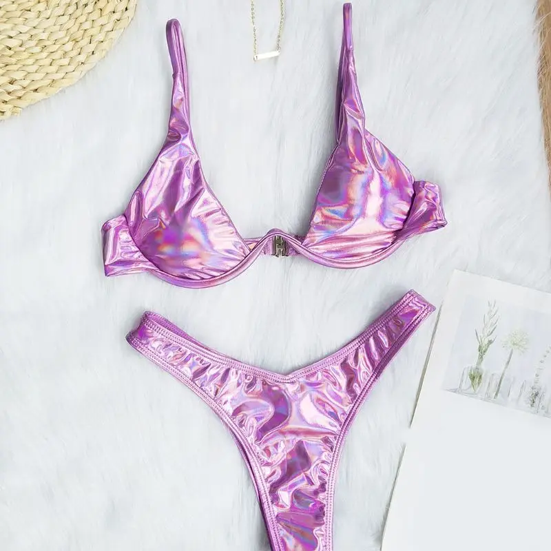 Для женщин Лето сексуальное Бразильское бикини комплект голографическая
