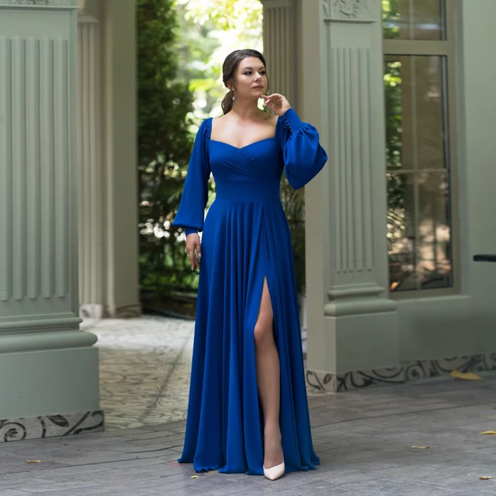 

Plus Size Slit Evening Dress For Woman Long Sleeves Floor Length Sweetheart Neck Mono Wedding Party Gown Simple Robe De Soriee