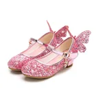Детские кожаные туфли принцессы для девочек, повседневные блестящие туфли с цветами и бантом-бабочкой на высоком каблуке, синие, розовые, серебристые, 2021