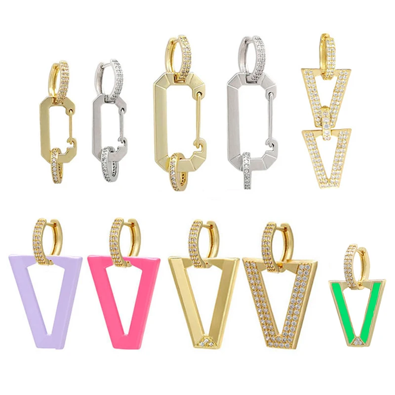 

QMHJE Dangle Hoop Earrings for Women Triangle Neon Green Fluorescent Rectangle CZ Crystal Geometric Gold Silver Color Safety Pin