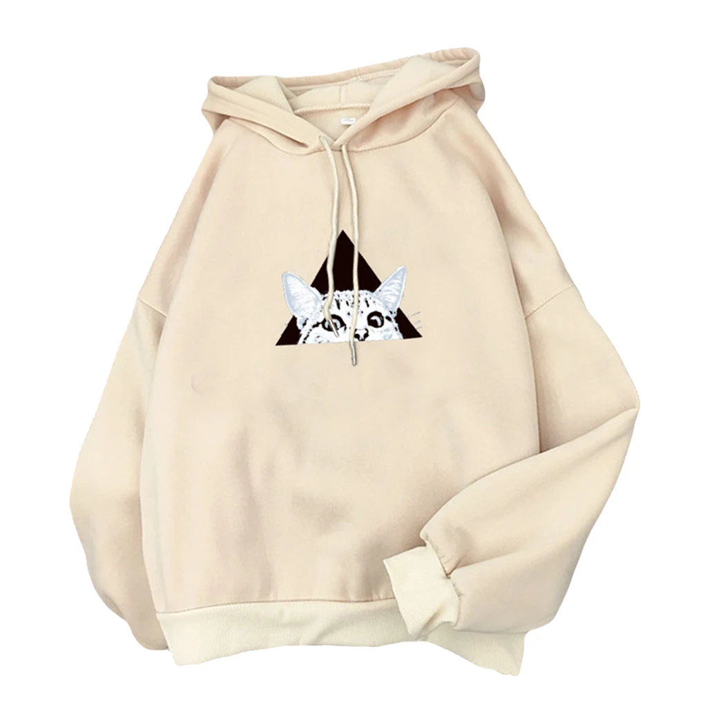 Khaki Kawaii, Женская мультяшная толстовка с капюшоном, милые толстовки с принтом кота, Осень-зима, с длинным рукавом, свободная уличная одежда, пуловер, топы - Цвет: Khaki