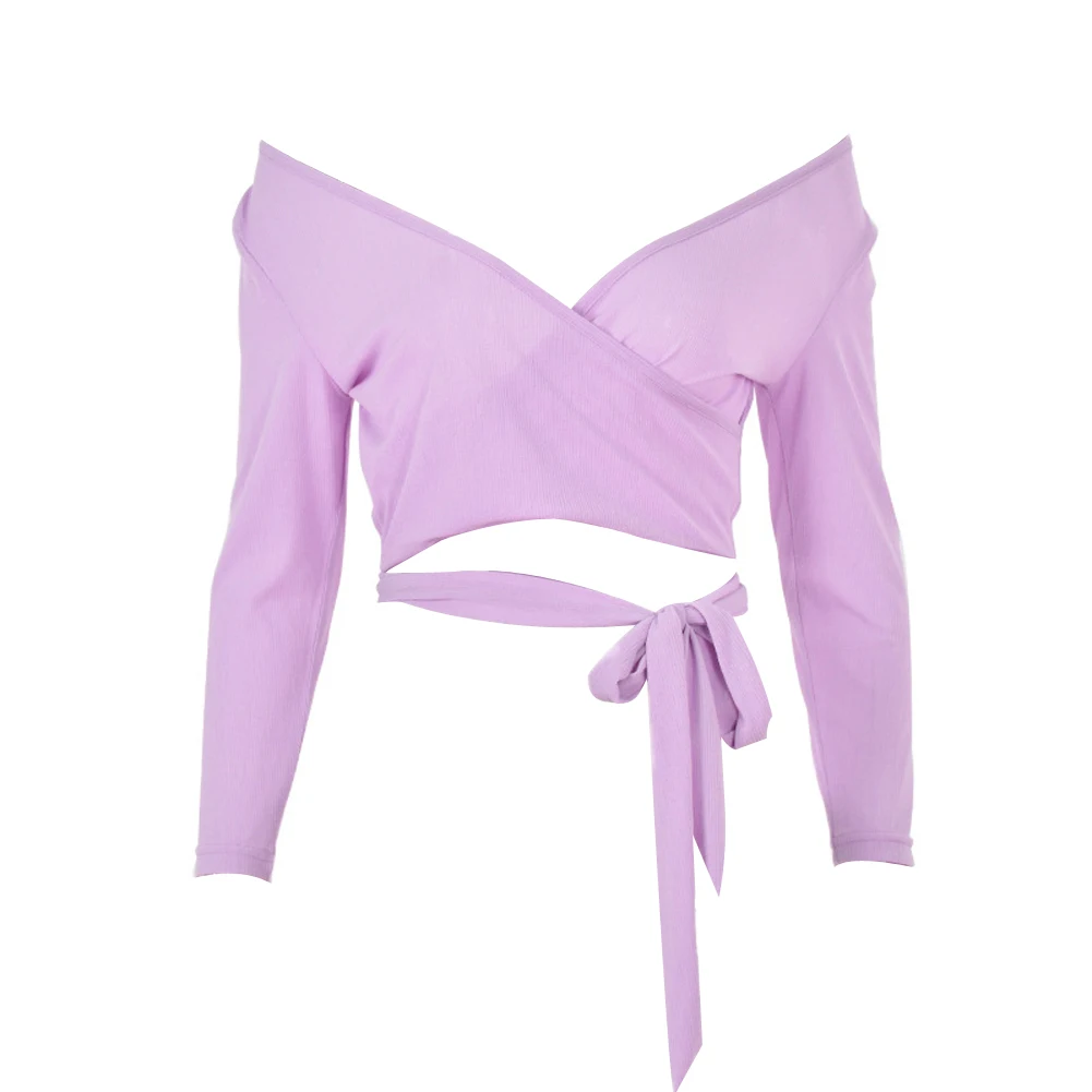 

Womens Summer Long Sleeve Top Fashion Solid Color Deep V-neck Lace up Exposed Navel T-shirt Tops