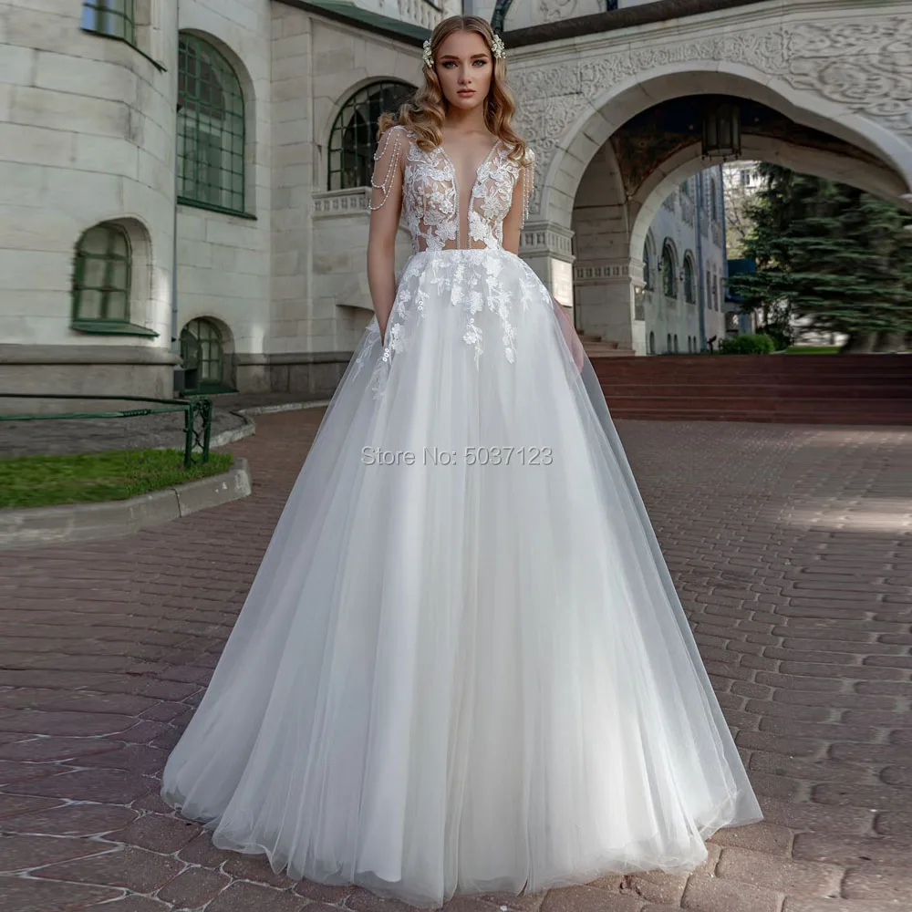 Beach Wedding Dresses 2019 A Line Lace Applique Scoop Illusion Tulle Bridal Gowns Cap Sleeve Robe De Mariee | Свадьбы и торжества