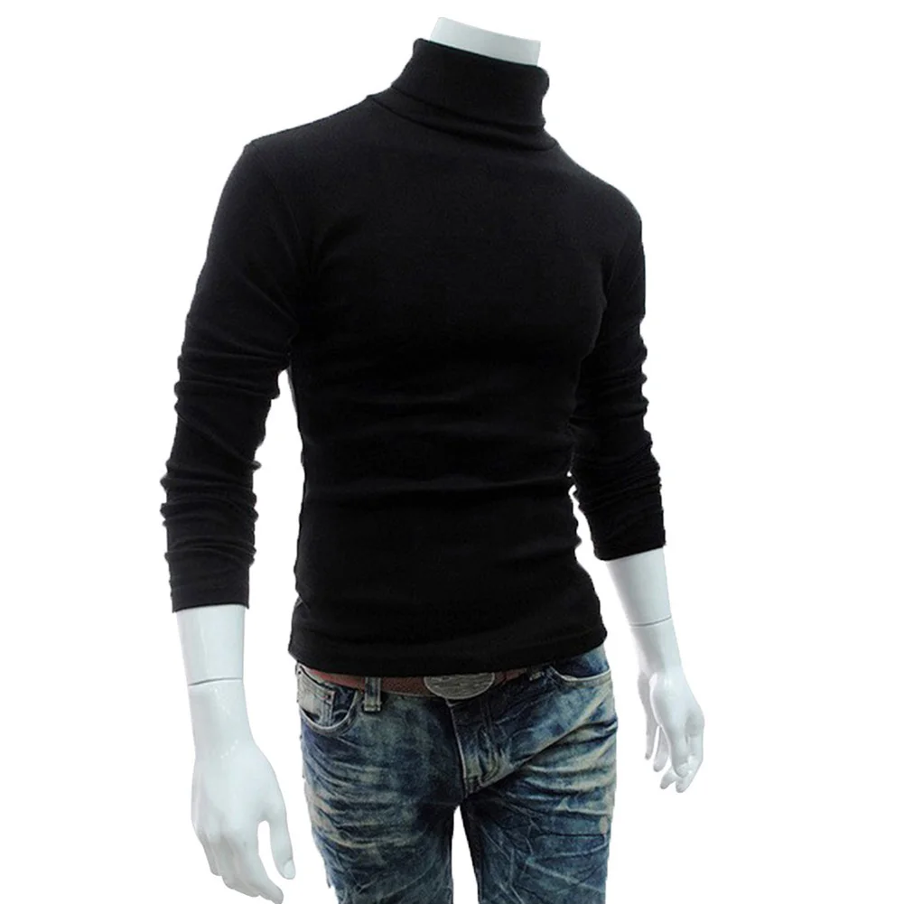 Men Autumn Solid Color Long Sleeve Turtle Neck Knitted Slim Bottoming Shirt | Мужская одежда