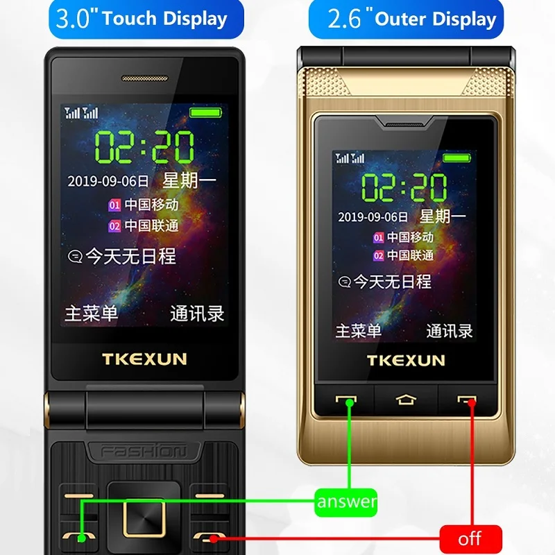 Tkexun два больших экрана Флип Мобильный телефон почерк двойной ответ быстрый набор SOS Вызов черный список большой брелок-фонарик Бесплатный чехол