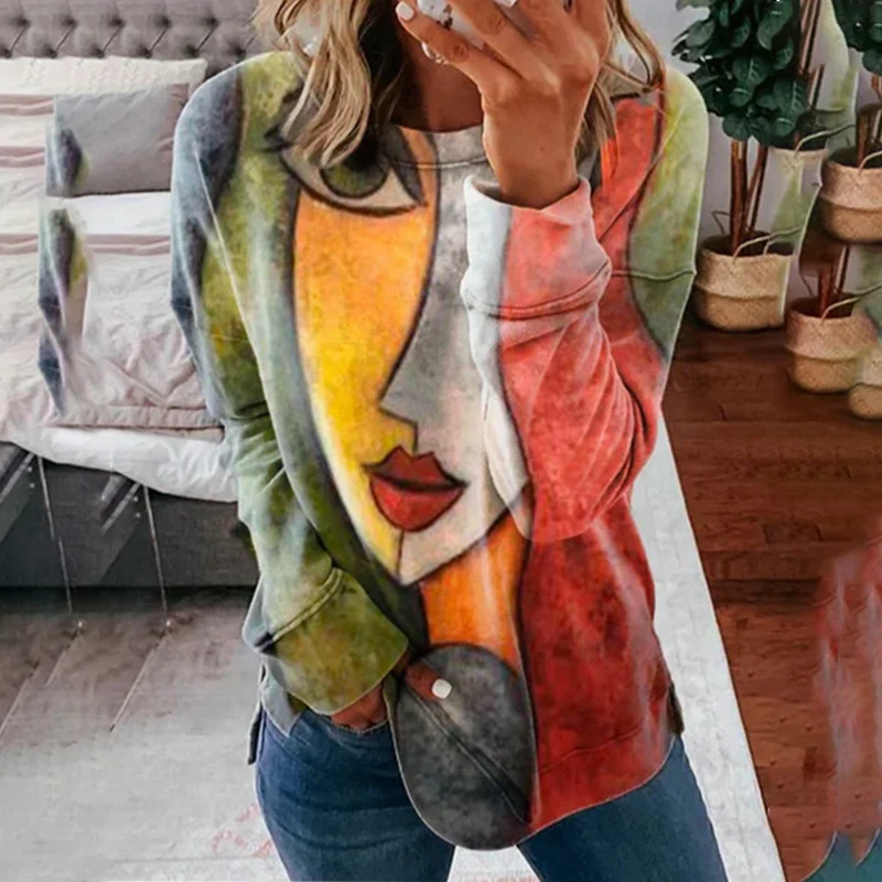 

2021 Spring Casual O-Neck Abstract Long Sleeve Women T-Shirts Autumn Pullover Multicolor Plus Size Red Lip Loose Tops
