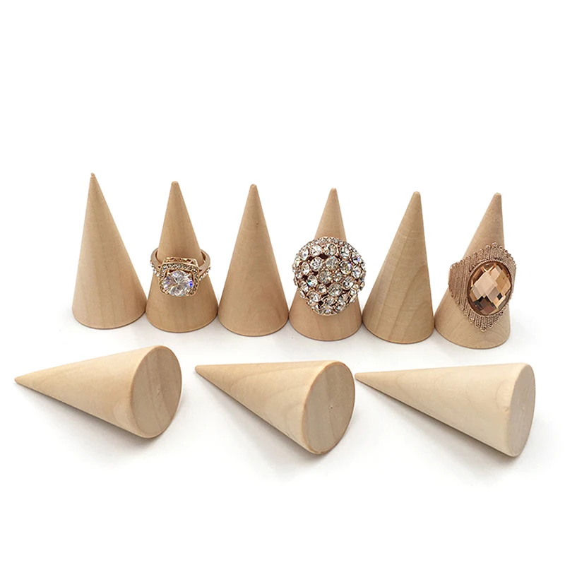 

Vintage Natural Unpainted Wood Finger Cone Ring Holder Jewelry Display Stand Organizer Storage Rack Showcase For Exhibit