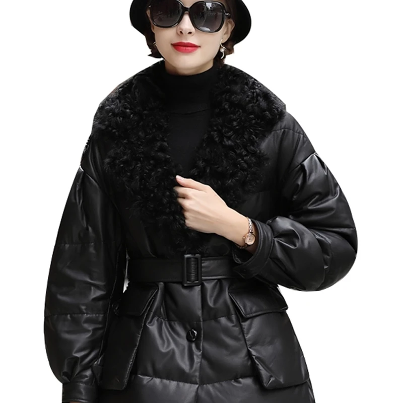 

JCBC 2021 Short Genuine Leather Jacket Women Sheepskin Coat Female Autumn Winter Down Jackets Wool Collar Chaqueta Mujer LW88