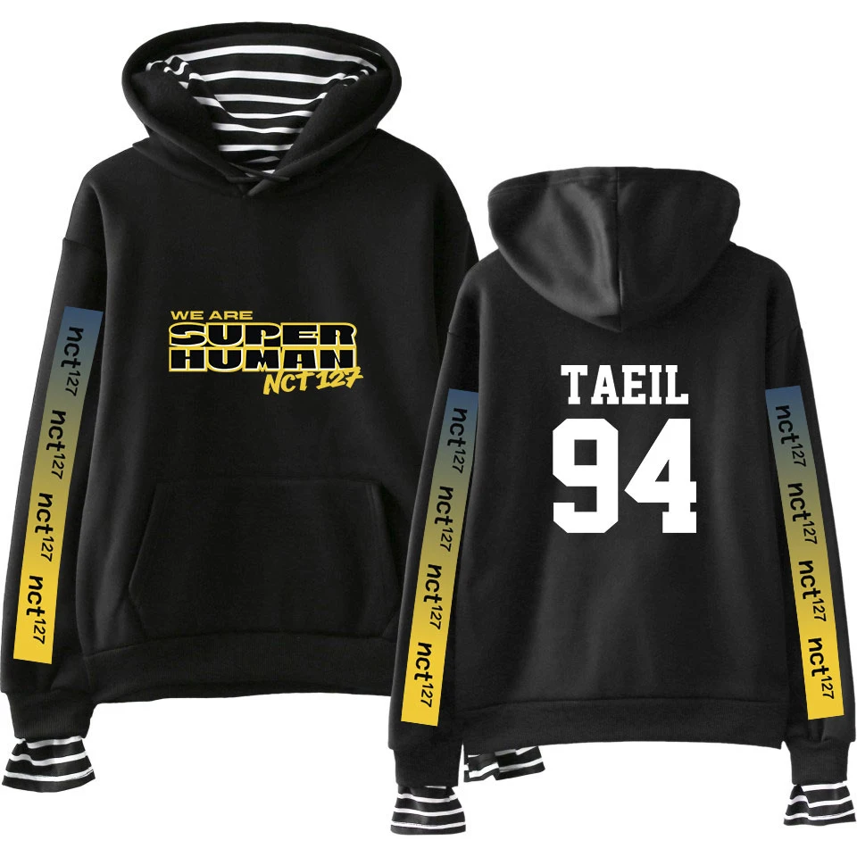 

New Kpop NCT 127 Fake Two Pieces Men Women Hoodies Hoody Sweatshirt WE ARE SUPERHUMAN Streetwear Patchwork Girl K-Pop Clothes