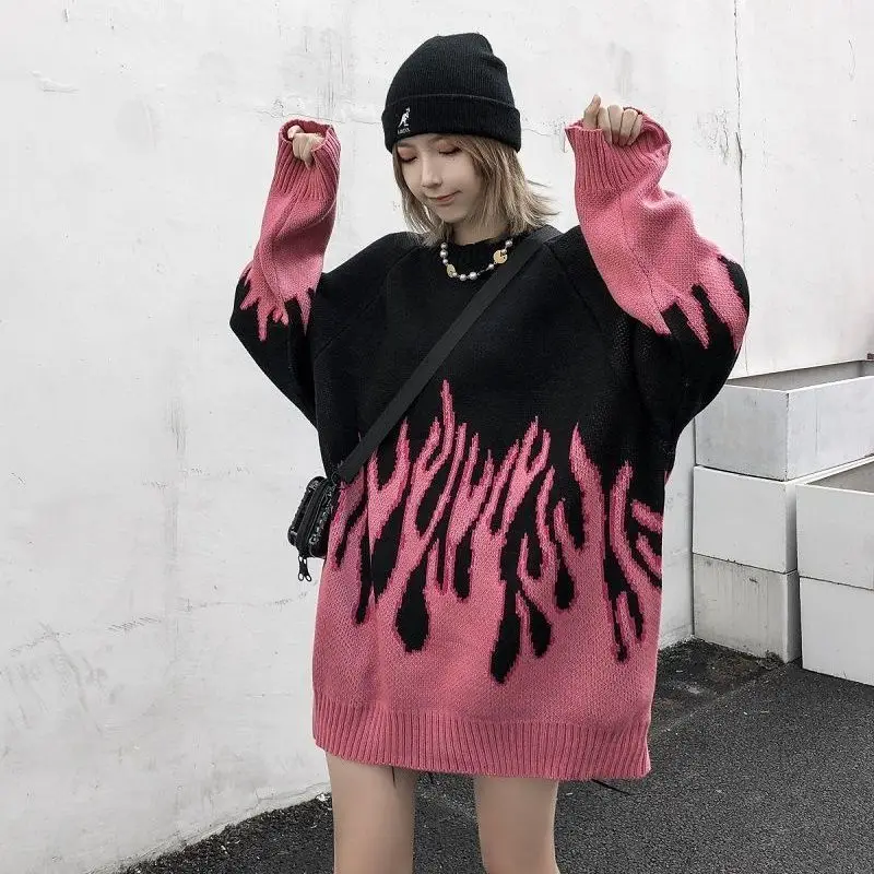 

FAKUNTN New Sweater Female Hip-hop Style Flame Jacquard Women's Sweater Couple Pullover Knit Top Loose Men Sweaters High Street