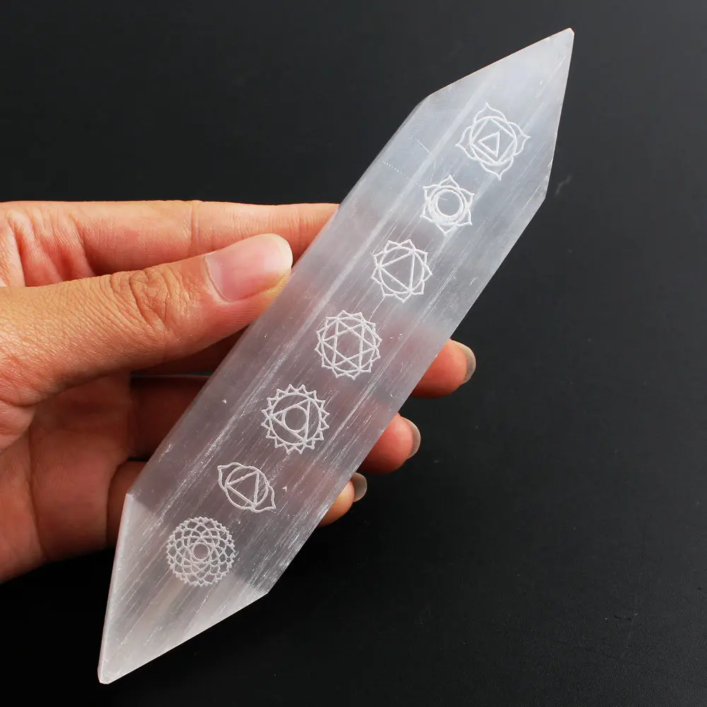 

7 Chakra Selenite Double Point Magic Wand Rough Sticks Symbol Mineral Meditation Specimen Reiki Healing Stone